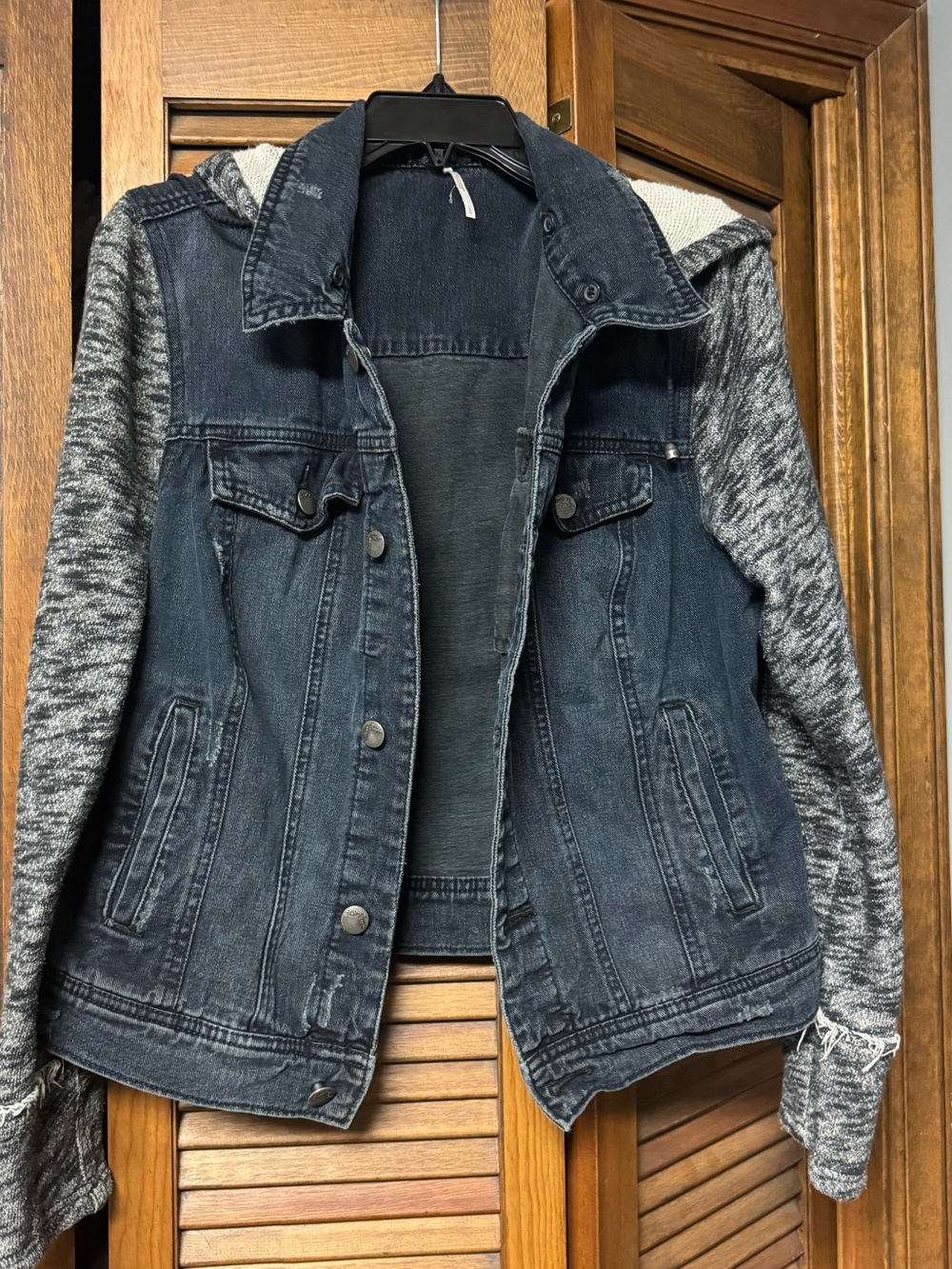 FREE PEOPLE Mixed Media Knit Hooded Distressed Denim Jacket in Large EUC